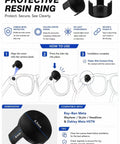 Illustration of Protective Resin Bezel Ring for Smart Glasses Camera Housing, showing installation steps and compatible models