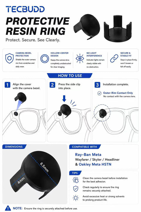 Illustration of Protective Resin Bezel Ring for Smart Glasses Camera Housing, showing installation steps and compatible models