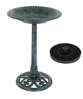 Alt Tag: Solar Powered Pedestal Bird Bath Fountain With Steel Ground Anchors, Weather Resistant Resin, Antique Green Outdoor Garden Decor