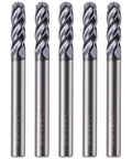 Pro Grade Solid Carbide Ball Nose End Mills Set, Five Pieces, AlTiN Coated, Four Flute, 30 Degree Helix, 3/16 Inch Cutting Diameter