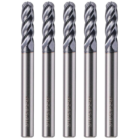 Pro Grade Solid Carbide Ball Nose End Mills Set, Five Pieces, AlTiN Coated, Four Flute, 30 Degree Helix, 3/16 Inch Cutting Diameter