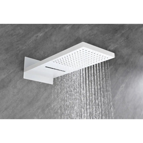 Wall Mounted Waterfall Shower System with Hand Shower featuring a large white rainfall head and flowing water.
