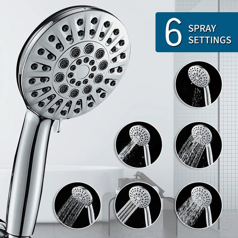 High Pressure 6 Function Shower Head Set With Handheld And 80 Inch Hose In Chrome Finish showing six spray settings