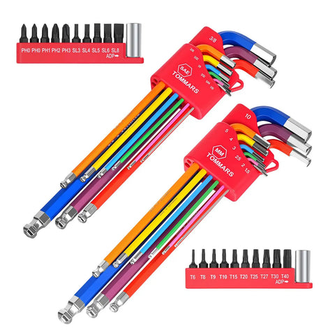 Magnetic Ball End Allen Wrench Set With Color Coded And Extra Long Arms, 40-Piece SAE And Metric Hex Key Set With Screwdriver Bit Kit And Adapter