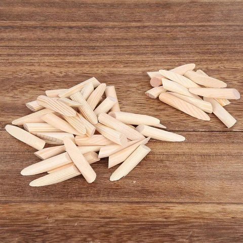 Pro Grade Pine Wood Pocket Hole Plugs Kit, 50pcs Wood Screw Plugs shown on wooden surface, oblique design, solid pine wood