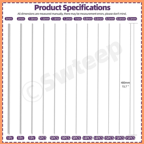 Precision Stainless Steel Rod Set with 104 Pcs in 12 Sizes From 0.3 Mm To 3 Mm 40 Cm Length Ideal for DIY Projects Makers Jewelry Building Prototyping and Metalworking Swpeet, showing product specifications with rods lined up by size from 0.3 mm to 3 mm and length of 40 cm.