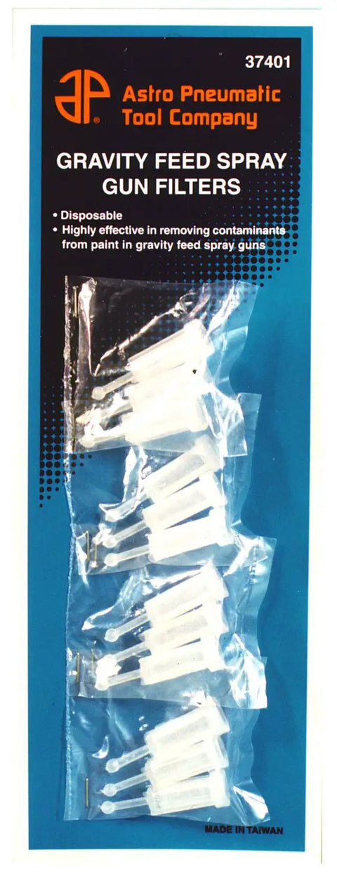 Universal Gravity Feed Spray Gun Filters 4 Pack Display with 12 Disposable Filters in packaging