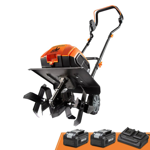 Powerful Workhorse Brushless 48V Cordless Tiller Cultivator With Two 24V Four Point Zero Amp Hour Batteries And MX24V Dual Port Charger
