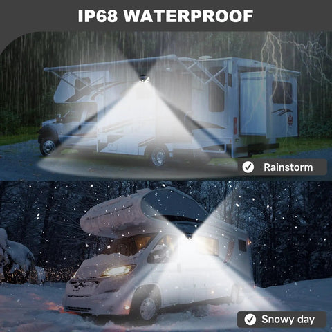RV with Magnetic Solar RV Light With Motion Sensor For Camper And Motorhome 100 LED Exterior Porch Light in rain and snow
