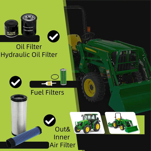 Air Filter Maintenance Kit Fits 2025R 2013 2018 1025R Through 2017 And 2 Series Compact Tractors With Hydraulic Oil Filter And Fuel Filter Replacement LVA21036 Easy Install shown with tractor images and filter components.