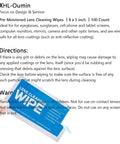 Front view of blue lens-cleaning wipe packet labeled LENS CLEANING WIPES, 8 x 5 inch, 100 count