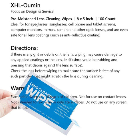 Front view of blue lens-cleaning wipe packet labeled LENS CLEANING WIPES, 8 x 5 inch, 100 count