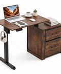 Smooth Electric Sit Stand Desk Offers Effortless Motorized Height Adjustment For Ultimate Ergonomic Home Office Setup With Roomy 46 Inch Surface For Monitors And Laptops, showing a brown wood surface with laptop, coffee, and headphones.