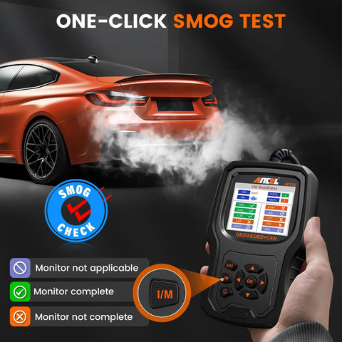 OBD2 Scanner For 1996 And Later Cars With Upgraded AD310 Module Read And Clear Fault Codes Battery Test Live Data And Full OBD II Diagnostic Tool That Translates Codes To Plain English Saving You Big Bucks On Check Engine Visits handheld device with smog test screen.