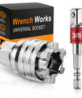 Heavy Duty Adjustable Universal Socket Wrench With Killer Non Slip Grip Fits 3/8 To 3/4 Drive Ratchet Tool next to packaging.