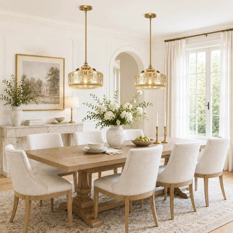 DSMJFU Gold Kitchen Pendant Light for Kitchen Vintage Glass Pendant Light hanging above a dining table with chairs.