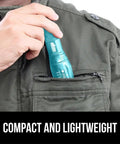 Person placing an Ultra Bright LED Tactical Flashlight With Zoom, Five Modes, Water Resistant, Compact Mini Light in pocket