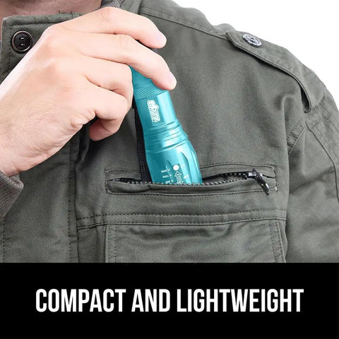 Person placing an Ultra Bright LED Tactical Flashlight With Zoom, Five Modes, Water Resistant, Compact Mini Light in pocket