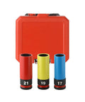 Heavy Duty 3 Piece Impact Lug Nut Socket Set Metric Sizes For Wheel Jobs Deep Drive Socket With CR-MO Build To Handle Any Tough Job. 17 19 21mm set in case