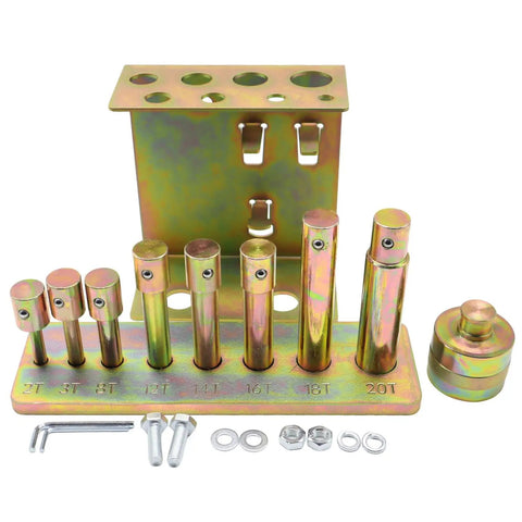 Heavy Duty Shop Press Pin And Hydraulic Press Pin Punch Set 2 To 20 Ton Capacity Premium Alloy Steel Construction Compatible With Press Models 24811 24812 25087 25088 For DIY And Professional Press Work, image shows 8 pins with holder and accessories.