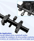 Universal Ribbed Drive Crankshaft Pulley Puller Kit showing adjustable claws for 35mm to 160mm V-ribbed pulley removal.