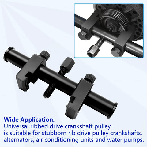 Universal Ribbed Drive Crankshaft Pulley Puller Kit showing adjustable claws for 35mm to 160mm V-ribbed pulley removal.