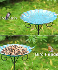 34 Inch Tall Metal Bird Bath On A Stake For Outdoors, Easy Assembly Bird Feeder Bath With Stable Three Prong Base, Weatherproof Garden Yard Lawn Decor That Attracts Birds And Keeps Them Hanging Around All Season showing dual use as bird bath and feeder.