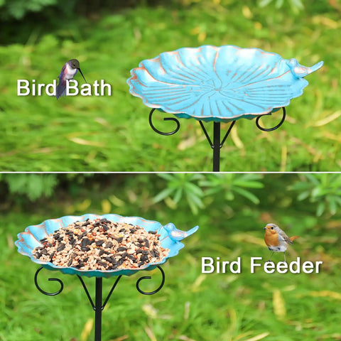 34 Inch Tall Metal Bird Bath On A Stake For Outdoors, Easy Assembly Bird Feeder Bath With Stable Three Prong Base, Weatherproof Garden Yard Lawn Decor That Attracts Birds And Keeps Them Hanging Around All Season showing dual use as bird bath and feeder.