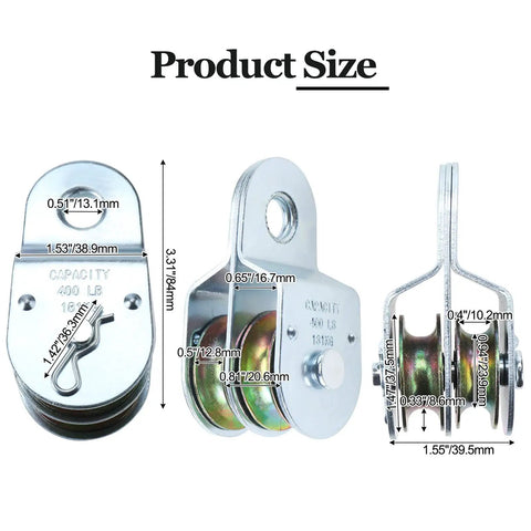 Badass Heavy Duty Two Pack One Point Five Inch Steel Double Pulleys Rated Solid For 400 Lbs Zinc Coated showing product dimensions.