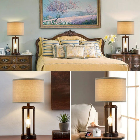 Farmhouse Table Lamps Set Of 2 With Touch Control And 3 Way Dimming in bedroom and living room settings, featuring USB ports.