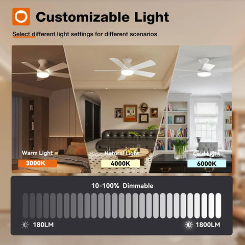 Customizable light settings for Top Shelf 42 Inch White Low Profile Ceiling Fan With Bright Led Light And Ridiculously Quiet Remote.