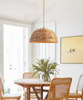 Farmhouse Rattan Pendant Light Hand Woven Seagrass Dome Chandelier For Dining Room Kitchen Living Room Natural Materials Eco Friendly Wicker Lamp Cozy Warm Glow Neutral Color