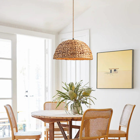 Farmhouse Rattan Pendant Light Hand Woven Seagrass Dome Chandelier For Dining Room Kitchen Living Room Natural Materials Eco Friendly Wicker Lamp Cozy Warm Glow Neutral Color