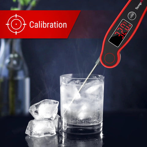 Waterproof Digital Meat Thermometer With Ambidextrous Backlit Display immersed in ice water for calibration demonstration.