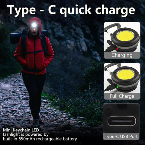 2 Pack 1000 Lumen EDC Keychain Flashlight With COB Work Light And Bottle Opener Magnetic Bracket shown with USB-C charging process