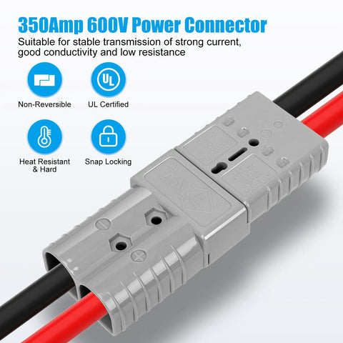 350 Amp 600 Volt Battery Quick Disconnect Connector with gray housing for thick gauge cables, showing cable connection details.