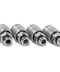 Set of four chrome hydraulic quick-connect couplers with knurled bodies and threaded ends.