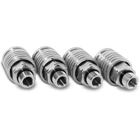 Set of four chrome hydraulic quick-connect couplers with knurled bodies and threaded ends.