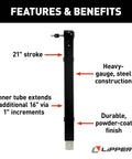 Fifth Wheel Landing Gear Lead Drop Leg 29.5 Inch Universal Replacement With Snap Pin Durable Powder Coated Assembly For RVs Ready To Install, Beefy Heavy Duty Steel Construction, Corrosion Resistant Finish, Easy Bolt On Fit with features and benefits like 21 inch stroke and powder-coat finish displayed