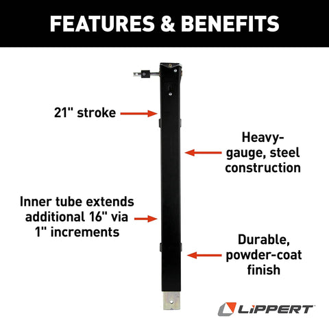 Fifth Wheel Landing Gear Lead Drop Leg 29.5 Inch Universal Replacement With Snap Pin Durable Powder Coated Assembly For RVs Ready To Install, Beefy Heavy Duty Steel Construction, Corrosion Resistant Finish, Easy Bolt On Fit with features and benefits like 21 inch stroke and powder-coat finish displayed