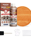 Top Shelf Water Based Wood Stain In Rich Teak Tone Non Toxic And Fade Resistant Formula with tools for wood finishing.