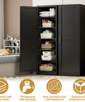 Tall Narrow Slim Steel Storage Cabinet With Lock And Five Adjustable Shelves For Kitchen Pantry Bathroom And Office Black 67 Inch Tall Go To Locker Organizer File Cabinet, shown in room setting with shelves stocked.