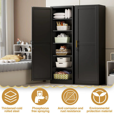 Tall Narrow Slim Steel Storage Cabinet With Lock And Five Adjustable Shelves For Kitchen Pantry Bathroom And Office Black 67 Inch Tall Go To Locker Organizer File Cabinet, shown in room setting with shelves stocked.