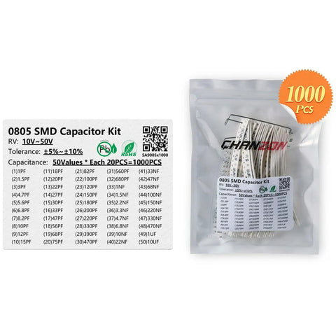 Image of 1000 Pcs 0805 SMD Capacitor Kit No Brainer With 50 Values From 1pF To 10uF, in sealed bag with label showing specifications.