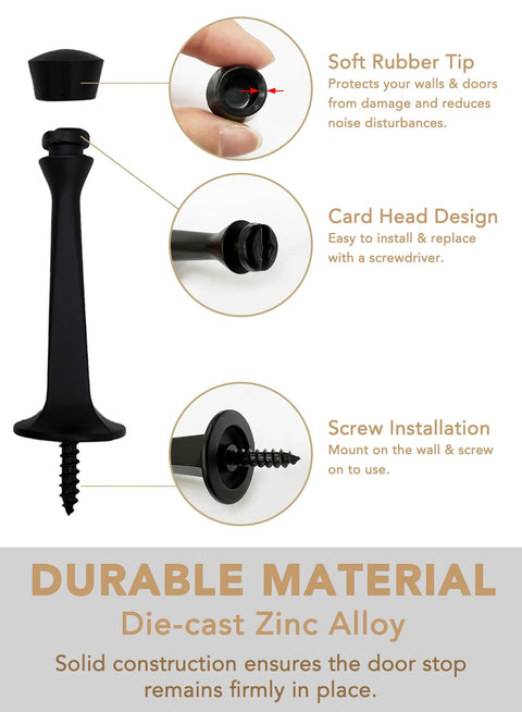 Heavy Duty 3 Inch Door Stop With Built To Last Solid Zinc Die Cast Construction And Soft Bumper Tips Black Door Stopper