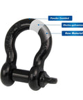 Badass D Ring Shackle Two Pack Packing 62700 Lbs Break Strength With Seven Eighth Inch Screw Pin Plus Shackle Isolator Washers Kit showing black powder-coated finish with detailed construction features.