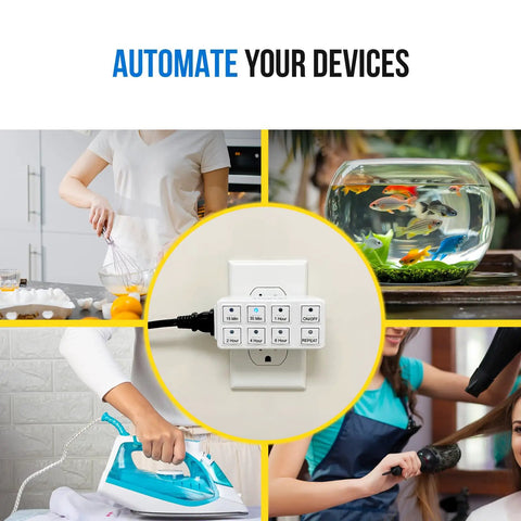 TimerMax Indoor Countdown Timer With One Outlet showing six handy presets for automating various household devices.