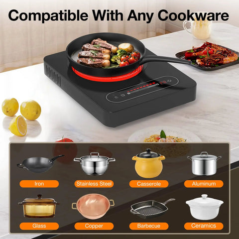 1800W Portable Electric Cooktop With Timer And Child Lock, 11 Inch Single Burner in kitchen with compatible cookware