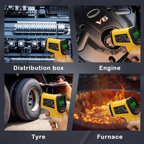 Infrared Temperature Gun With 50 To 1 Distance To Spot Ratio Minus 50 C To 1500 C Range About 2 Percent Accuracy Auto Power Off And Low Battery Indicator Non Contact Temperature Readings For Home Garage Workshop used on engine, tyre, furnace