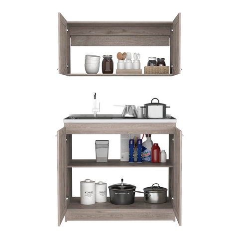 Premium Light Gray Two Piece Cabinet Set With Adjustable Modular Countertops High And Low Profiles Ample Storage For Home Or Office Spaces with open storage.